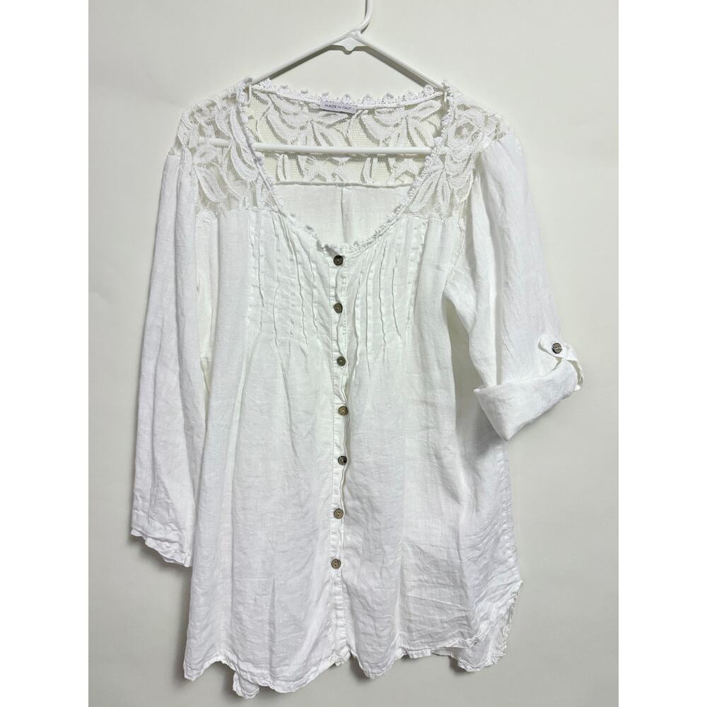 White Linen + Lace Button Down Tunic Blouse Cottagecore Romantic Made in Italy